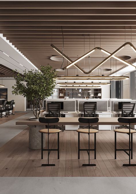 Modern Office Interiors Workspaces, Japandi Meeting Room, Industrial Open Office, Commercial Office Space Design, Open Office Interior Design, Modern Open Office Design, Open Ceiling Office, Workstations Office Design, Open Plan Office Design