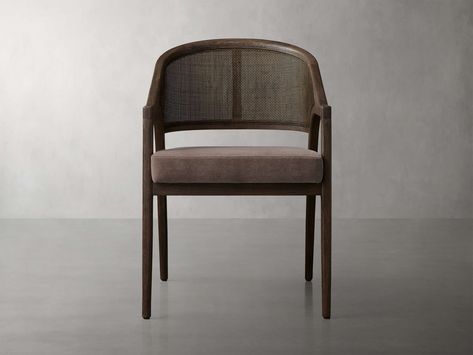 With a softly curved back, rattan caning, and chic flared legs, our Aimee Dining Collection is thoughtfully crafted to capture the styles of both classic French antiques and iconic midcentury modern designs. Each frame is made from solid oak wood paired with a generously upholstered cushion resulting in welcoming comfort that complements any aesthetic. Dark Brown Dining Chairs, Brown Dining Chairs, Transitional Dining Room, Rattan Cane, Oak Dining Chairs, Fabric Swatch, Chair Types, Upholstered Fabric, Silhouette Crafts