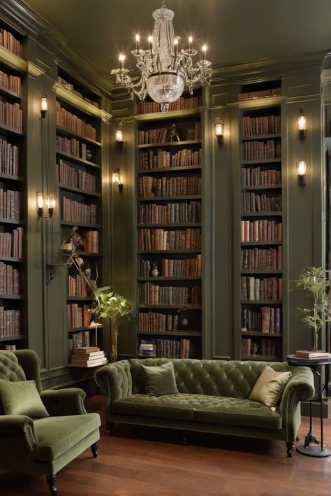 Can I Indulge in Midnight Magic with Sage Green and Espresso Library Love [2024]? #Ad #homedecor #homedesign #fixhome #Painthome #interiorarchitecture Deep Green Library, Green Classic Living Room, Green Velvet Couch Library, Cottage Core Library Room, Sage Green Library Room, Dark Green Built In Bookcase, Olive Green Library, Olive Green Bookshelf, Monochromatic Library