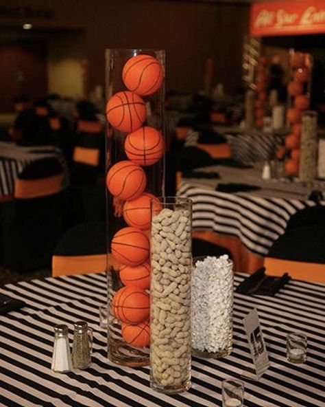 Candy Bars Ideas, Party Decorations Centerpieces, Basketball Centerpieces, Athletic Banquet, Bars Ideas, Sports Centerpieces, Bar Mitzvah Favors, Bar Mitzvah Centerpieces, Basketball Theme Party