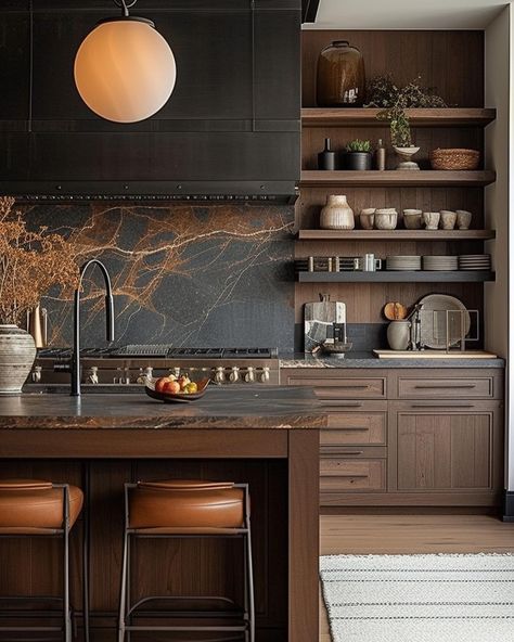 This is the definition of bold, dark, and charming. Kitchen With Walnut Countertop, Dark Walnut Kitchen Cabinets With Black Countertops, Mediterranean Kitchen Black Countertops, Dark Rustic Interior, Modern Barndo Interior, Dark Kitchen Living Room, Mountain Contemporary Kitchen, Men’s Kitchen, Dark Counter Kitchen