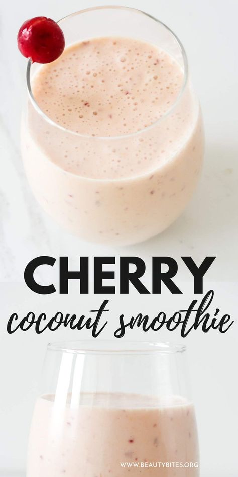 Coconut cherry smoothie recipe! Easy and quick cherry recipe that is fresh and delicious - the perfect healthy snack! Cherry Smoothie Recipes, Cherry Recipe, Fruit Smoothie Recipes Healthy, Cherry Coconut, Cherry Smoothie, Nutribullet Recipes, Smoothie Recipes Healthy Breakfast, Smoothie Drink Recipes, Coconut Smoothie