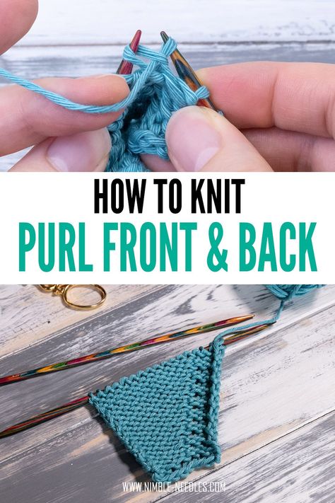 A step by step tutorial on the pfb knitting stitch. Purl front and back is a right-leaning knitting increase for the wrong side. It's a very simple and versatile bar increase. There are instructions for an improved version as well. #knitting #knit #diy #knittingstitch How To Purl Front And Back, Pfb Knitting, M1l Knitting, Knitting For Dummies, Knitting Increase, Knitting Abbreviations, Knitting Hacks, Knitting Help, Knitting Basics