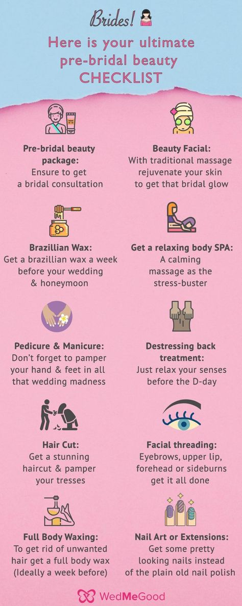 Your To Dos: Have You Checked This Pre-Bridal Beauty Checklist? See more on wedmegood.com  #wedmegood #indianwedding #indianbride #beauty #beautytips #beautyhacks #prebridalpackage #checklist #bridalinspiration #facialmassage #waxing #massage #massagetherapy #massagetips #pedicureideas #pedicures #manicure #brazillianwax #bridaltips #bridalhacks #weddingtips #weddinghacks #hair #haircuts #hairstyles #threading #nailart #nails #nailextensions Bride Self Care Timeline, Bridal Checklist Indian, Wedding Preparation Checklist Bridal Beauty, Pre Wedding Preparation Brides, Bridal Shopping List Indian, Pre Wedding Beauty Checklist, Indian Wedding Planning Checklist, Bridal Beauty Checklist, Bridal Shower Timeline