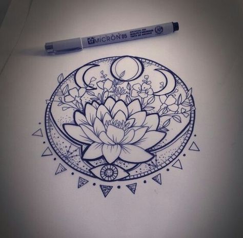 Lotus and moon phase tattoo Mandala Arm Tattoo, Tato Mandala, Dotwork Tattoo Mandala, Lotusblume Tattoo, Dibujos Tattoo, Muster Tattoos, Geniale Tattoos, Mandala Tattoo Design, Lotus Tattoo