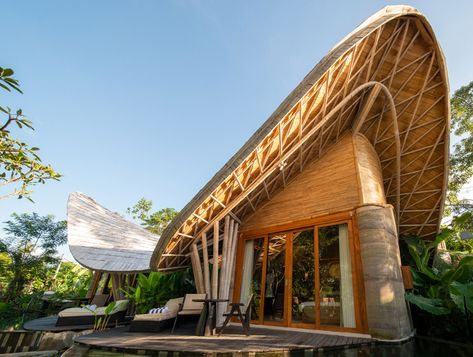 Undulating bamboo roofs wrap this wellness retreat in a lush forest of Bali Bamboo Roof, Earth Projects, Bamboo Structure, Bamboo Architecture, Eco Luxury, Rammed Earth, Tropical Resort, Curved Walls, Small Waterfall