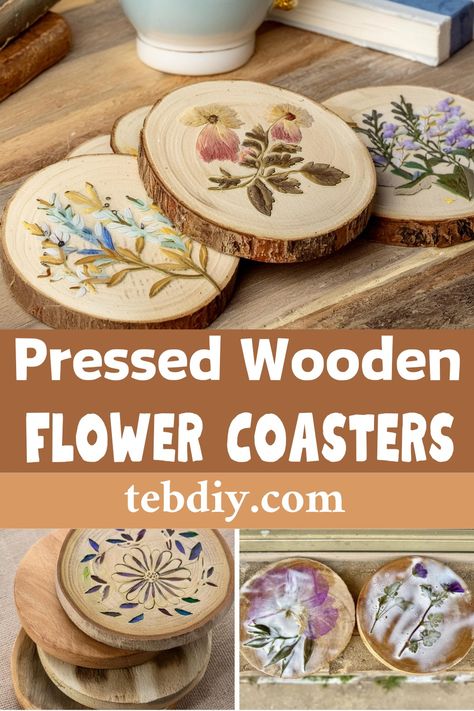 DIY Pressed Wooden Flower Coasters Idea Make Coasters Diy Projects, Pressed Flowers Craft Ideas, Costers Diy Wooden Painting, Cork Coasters Diy Paint, Ladies Group Craft Ideas, Home Made Anniversary Gift Ideas For Him, Group Craft Ideas For Adults, Things To Make With Pressed Flowers, Diy With Dried Flowers