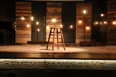 Pallet Stage Backdrop, Small Venue Stage Design, Pallet Stage Design, Industrial Stage Design, Bar Stage Design, Church Lighting Ideas, Wood Stage Design, Sanctuary Decor Church Stage Design, Worship Stage Design