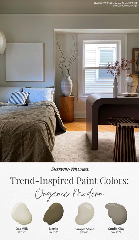 Give your bedroom an organic modern upgrade with Sherwin-Williams paint. Try colors like Oat Milk SW 9501, Nettle SW 9535, Simple Stone SW 9521, and Studio Clay SW 9172 for the perfect balance of earthy and upscale. To see these hues in your home, tap this pin to order free color chips. (Photo courtesy of @ball_and_claw_vintage on Instagram.) #sherwinwillaims #color #organicmodern #paint #diy #bedroom #decor #interiordesign Sherwin Williams Simple Stone Paint, Modern Organic Bedroom Paint, Organic Modern Interior Paint, Sw Earthy Colors, Sw Interior Paint Colors Schemes, Sw Sticks And Stones Paint, Stone Colored Paint, Sherwin Williams Organic Modern, Modern Organic Wall Colors