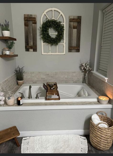 Decorating Garden Tub Master Bath, Farmhouse Tub Surround, Master Bath Tub Ideas Decor, How To Decorate Jacuzzi Tub Master Bath, Bathroom Wall Art Above Tub, Decor Around Jacuzzi Tub Master Bath, Big Tub Decor Ideas, Bathroom Tub Wall Decor, Bathroom Jacuzzi Tub Decor