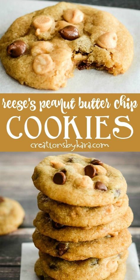 Amazing Reese's Peanut Butter Chip Cookies - chewy, buttery cookies loaded with chocolate chips and peanut butter chips. Heaven in every bite! #reesespeanutbutterchips #peanutbutterchipcookies #peanutbutterchips #cookierecipe #creationsbykara Peanut Butter Chip Recipes, Peanut Butter Chip Cookies, Healthy Peanut Butter Cookies, Easy Peanut Butter Cookies, Peanut Butter Chocolate Chip Cookies, Buttery Cookies, Peanut Butter Cookie Recipe, Reeses Peanut Butter, Chips Recipe