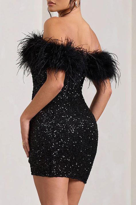 Details: Material: Polyester Style: Sexy Pattern Type: Solid Element: Sequins, Feathers Neckline: Off the Shoulder Silhouette: Wrapped Skirt Clothing Length: Short Type: Solid Color Size(in) Bust Dresses Length S 29.1 26.4 M 30.7 26.8 L 33.1 27.2 XL 35.4 27.6 Tips: Due to the many variations in monitors, the color in the image could look slightly different, please take physical design and color shall prevail. Please allow 0.4"-1" differs due to manual measurement. Little Prom Dress Short Black, Black Sparkly Dress Short Prom, Black Dress With Feathers Cocktail, Feather Dress Short Plus Size, Black Glitter Dress Short Prom, Black Sparkle Dress Birthday, Glittery Dress Short Party, Luxury Sparkling Mini Dress For Party Season, Black Feather Party Dress