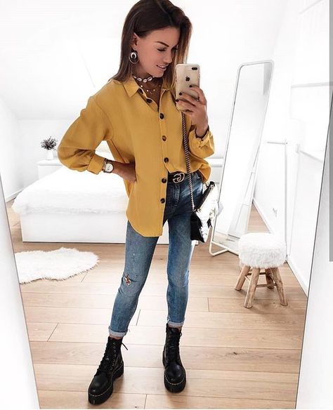 @fashionpuglady Mustard Shirt Outfit, Yellow Shirt Outfit, Mustard Shirt, Shopping Link, Uni Outfits, Style Inspiration Fall, Yellow Shirts, Evening Outfits, Autumn Outfit