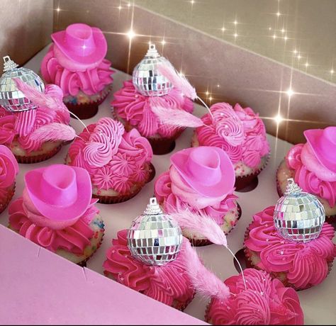 Disco Cowgirl Party Cupcakes, Disco Rodeo Cupcakes, Hot Pink Disco Ball Birthday Cake, Sweet 16 Disco Cowgirl Party, Pink Whitney Party Theme, Cowgirl Birthday Theme Ideas, Disco Cowgirl Cake Smash, Western Barbie Birthday Party, Disco Cowgirl Dessert