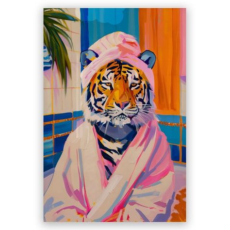 PRICES MAY VARY. Tiger in Bathtub Wall Art: Add a touch of whimsy and humor to your bathroom décor with our delightful tiger in bathtub wall art. Featuring a charming illustration of a tiger enjoying a relaxing soak this piece brings a playful vibe to any bathroom. Printed on high-quality canvas or paper it's sure to spark smiles and laughter every time you see it. Funny Bathroom Wall Decor: Elevate your bathroom's ambiance with our collection of funny bathroom wall decor. From quirky animal pri Maximalist Bathroom Decor, Aesthetic Tiger, Kitsch Aesthetic, Maximalist Bathroom, Art Over Bed, Funky Bathroom, Quirky Bathroom, Tiger Decor, Bathroom Ambiance