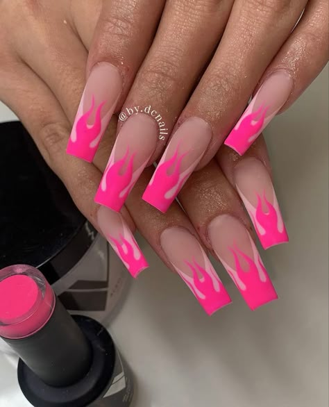 Neon Pink Flame Nails, Pink Fire Nails Designs, Hot Neon Pink Nails, Chrome Flames Nails, Neon Pink Acrylic Nails Designs, Pink Rave Nails, Hot Pink Baddie Nails, Neon Fire Nails, Hot Pink Flame Nails