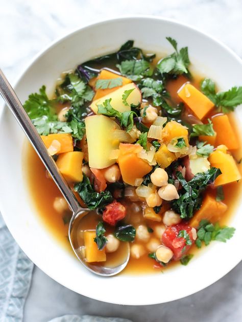 Moroccan Soup with Kale and Chickpeas | foodiecrush.com Kale And Chickpeas, Hearty Vegetarian Soup, Baba Ganush, Comfort Soups, Moroccan Soup, Soup With Kale, Chickpeas Recipe, Soups Recipes, Foodie Crush