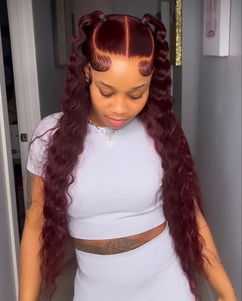 Burgundy Curly Frontal Wig, Burgundy Hair Weave, Burgundy Up Down Hairstyle, Lace Front Hairstyle Ideas, Burgundy Ponytail Weave, Two Ponytail Frontal Hairstyles, Frontal Two Ponytail Hairstyles, Wig Hairstyles Two Ponytails, Burgundy Lace Front Wig Styles