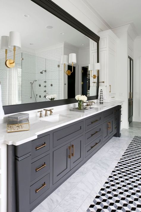 Master bath vanities are in the Iron Ore color used elsewhere in the house. Design Interior Baie, Dark Gray Bathroom, Dekorere Bad, Master Bath Vanity, Black Vanity Bathroom, Trendy Photography, Large Bathroom, Colour Photography, Bad Inspiration