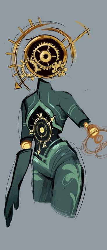 Character Bust Concept Art, Traveler Oc Design, Clockwork Character Design, Time God Character Design, God Of Time Character Design, Clockwork Golem, Fortune Teller Character Design, Clock Character Design, Aether Punk