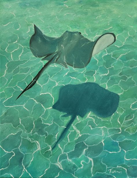 Solitary stingray under refractive light Aquarium Painting Ideas, Ocean Animals Painting, Ocean Oil Painting, Underwater Painting, Underwater Art, Oil Canvas, Sea Painting, Water Art, Ocean Painting