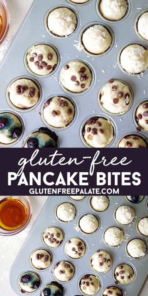 Gluten-Free Pancake Bites are an easy and quick breakfast that everyone in your family will love. Mix, scoop into a mini muffin pan, bake, and dip! You are going to love these gluten free mini pancakes. Gluten Free Pancakes Easy, Mic Dejun Rapid, Gluten Free Pancake Mix, Gluten Free Pancake, Gluten Free Brunch, Dairy Free Pancakes, Pancake Bites, Patisserie Sans Gluten, Gf Breakfast