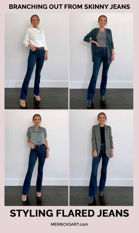 Flared Jeans (How to Style It) - Merrick's Art Dark Flare Jeans Outfit, Casual Flare Jeans Outfit, What To Wear With Flare Jeans, Flared Jeans Outfit Fall, Dark Flare Jeans, Flare Jean Outfit, Pants Business Casual, Outfit Tutorial, White Flare Pants