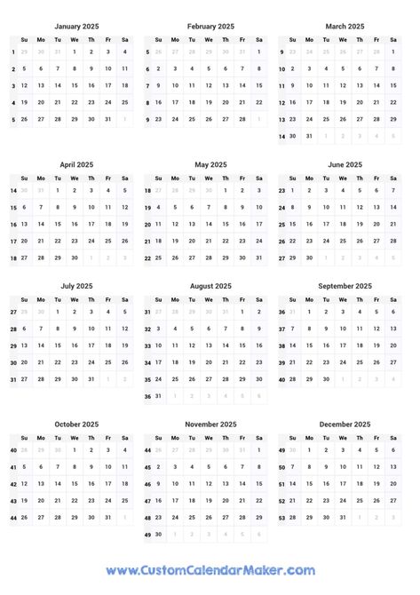 Calendar With Week Numbers, Yearly Calendar Template, Printable Yearly Calendar, 2025 Calendar, Weekly Calendar, Print Calendar, Pdf Templates, Yearly Calendar, Calendar Template