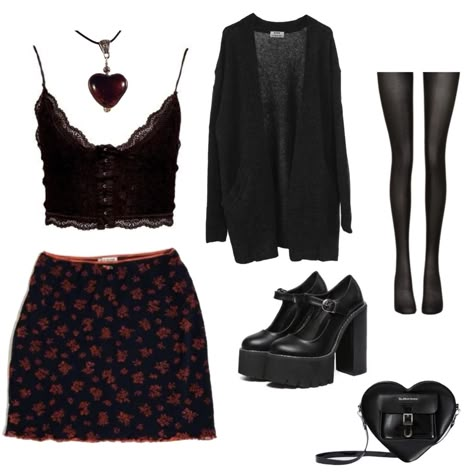 All Black Polyvore Outfits, Girly Grunge Outfits Fall, Goth Dress Outfit Ideas, Whichy Vibes Outfit, Moon And Star Outfit, Cute Winter Outfits Alt, Black Dress Outfit Goth, 90s Goth Outfits Grunge, Black Cat Outfit Aesthetic