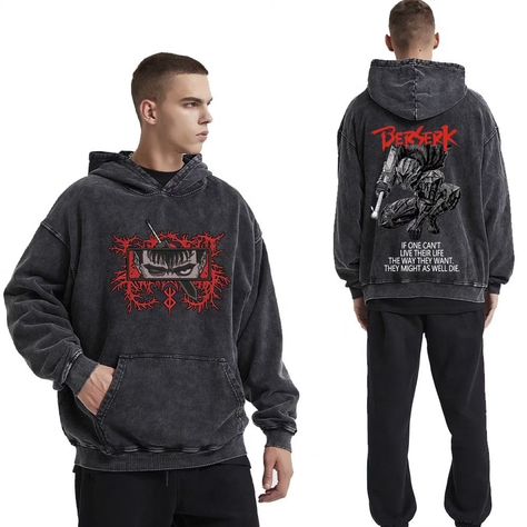 Embrace the character of Guts with this unique hoodie. Experience the power and intensity of the iconic hero from the anime Berserk. Product: Guts Oversized Hoodie with a One-of-a-Kind Design Sizes: S to XL Price: 15% off with FREE SHIPPING on all orders 📦 Anime Berserk, Berserk Anime, Gothic Harajuku, Streetwear Fall, Unique Hoodies, Black Streetwear, Hoodie Men, Anime Hoodie, Oversized Hoodie