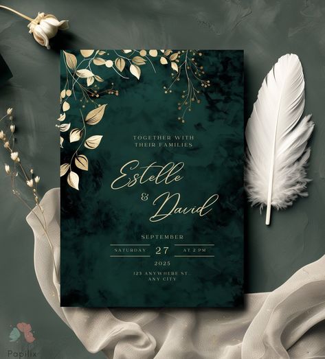 In a symphony of deep green and gleaming gold, this wedding invitation whispers elegance and timeless allure. Intricate gold leaves and delicate botanical motifs intertwine, echoing the enchanting beauty of nature's artistry. It's a perfect invitation for couples envisioning a sophisticated and unforgettable celebration.  Preview the design at the link below.  https://www.canva.com/design/DAGKvxhoF5o/l1-tdthNVYlVY7QbD-GffA/view?utm_content=DAGKvxho  
.#WeddingInvitations #DIYWedding #WeddingStationery #WeddingInspiration #WeddingPlanning Emerald Green And Black Wedding Invitations, Champagne Gold And Emerald Green Wedding, Everest Green Wedding, Green Gold Quinceanera Theme, Wedding Invitations Forest Green, Green Gold Champagne Wedding, Dark Green Theme Wedding, Forest Green Wedding Invites, Forest Green And Grey Wedding