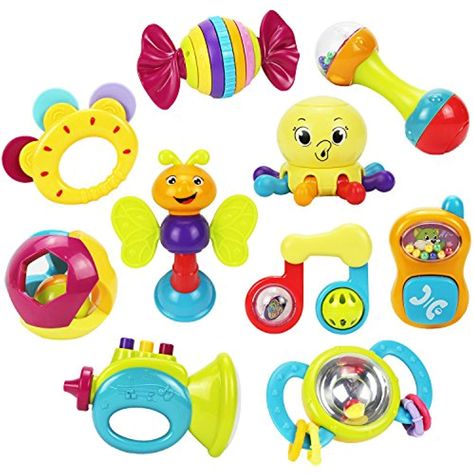 iPlay, iLearn 10pcs Baby Rattles Teether, Shaker, Grab and Spin Rattle, Musical Toy Set, Early Educational Toys for 3, 6, 9, 12 Month Baby Infant, Newborn -- Read more at the image link. (This is an affiliate link) #babytoddlertoys Stages Of Baby Development, Baby Learning Toys, Baby Toys Rattles, Music Toys, Stroller Toys, Teether Toys, Newborn Toys, Baby Teethers, Manhattan Toy