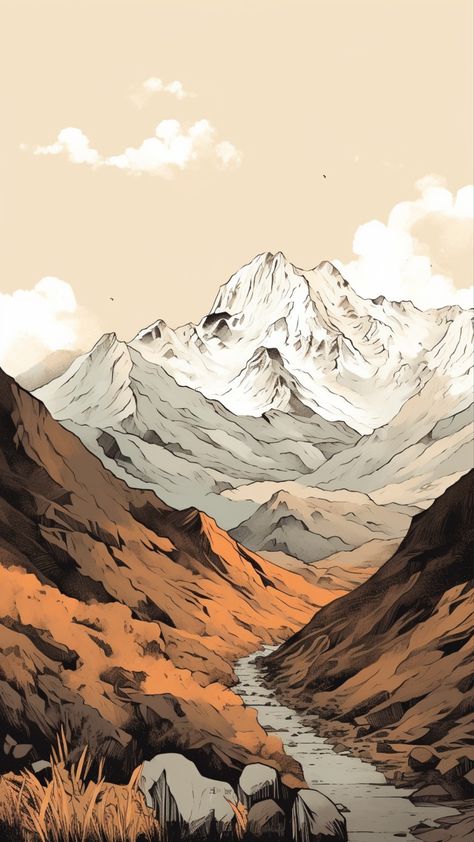 Mountains Aesthetic Drawing, Iphone Cozy Wallpaper, Brown Aesthetic Illustration, Outdoorsy Wallpapers, Tablet Aesthetic Organization, Epic Wallpaper Iphone, Ipad Wallpaper Aesthetic 4k, Adventure Wallpaper Aesthetic, Mountain Art Wallpaper