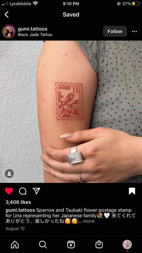 Vintage Post Stamp Tattoo, Vintage Postage Stamp Tattoo, Postage Stamp Tattoo Design, Post Stamp Tattoo Aesthetic, Cardinal Stamp Tattoo, Small Postage Stamp Tattoo, Post Card Stamp Tattoo, Post Card Tattoos, American Traditional Stamp Tattoo