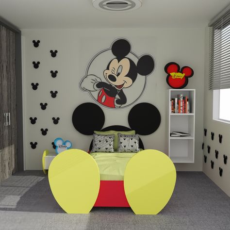 Mobiliario en laminado de color diseñado. Papel en vinil. Pintura unicolor en paredes. Mickey Room Decor, Mickey Mouse Toddler Room Boys, Mickey Mouse Toddler Room, Mickey Mouse Room Ideas Boys, Mickey Mouse Room Ideas, Baby Corner In Parents Room, Mickey Mouse Bedroom Ideas, Mickey Mouse Bedroom Toddler, Kids Bedroom Boys Toddler