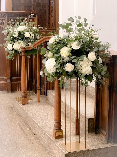 Floral Decor — allthatbloomsmke.com Alter Arrangements Wedding, Church Flower Arrangements Altars Ideas, Church Wedding Flowers Altar, Wedding Alter Flowers, Wedding Flower Arrangements Church, Wedding Ideas For Summer, Simple Church Wedding, Ceremony Decorations Church, Altar Flowers Wedding