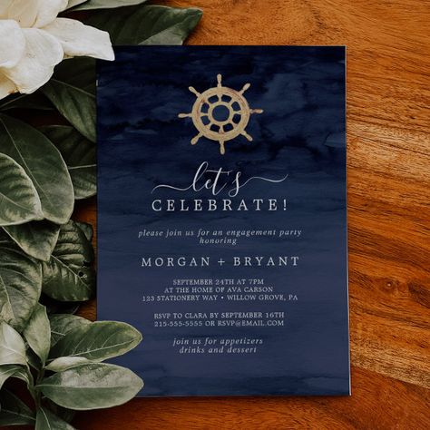 Modern Nautical | Ship Helm Let's Celebrate Invitation Beach Engagement Party, Bachelorette Card, Ship Helm, Boat Steering Wheel, Nautical Invitations, Tropical Cruise, Beach Bachelorette Party, Bachelorette Party Destinations, Retro Wedding Invitations