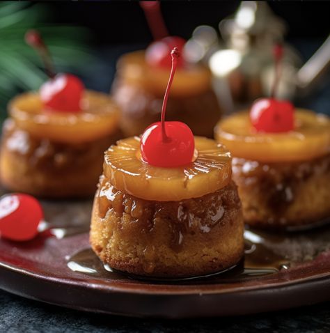 Mini Pineapple Upside-Down Cakes Upside Pineapple Cake, Mini Pineapple Upside Down, Pineapple Upside Down Cake Bites, Pineapple Turnover Cake, Mini Pine Apple Upside Down Cakes, Pineapple Upside Down Cupcakes Easy, Individual Pineapple Upside Cake, Mini Pineapple Upside Down Cheesecake, Mini Upside Down Pineapple Cake