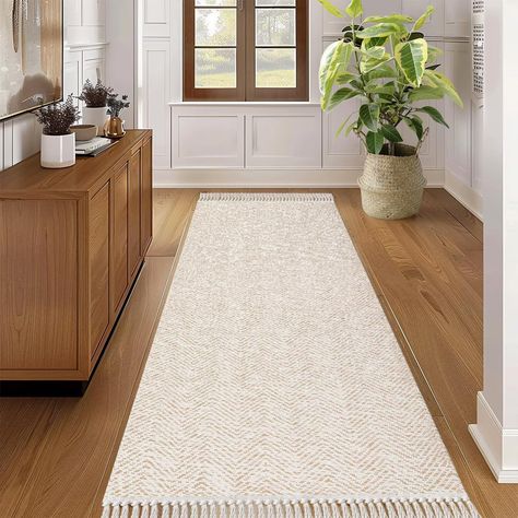 PRICES MAY VARY. 【Soft /Durable】: The polyester and cotton fiber material has high softness, stretchability, no fading.Carpet runners placed in low and high-traffic areas without worrying about fiber breakage and damage. The large washable kitchen runner for kitchen, hallway, enterway, bathroom, living room, bedroom, and laundry. 【Low Pile Rug/Machine Washable】: The woven carpet is made from durable, stain-resistant material that are easy to clean. the kitchen rugs only needs to be machine washe Kitchen Runner Rug Farmhouse, Kitchen Runner Rug Ideas, Modern Kitchen Rugs, Rug With Tassels, Kitchen Runners, Rug Machine, Kitchen Rug Runner, Cream Kitchen, Woven Carpet