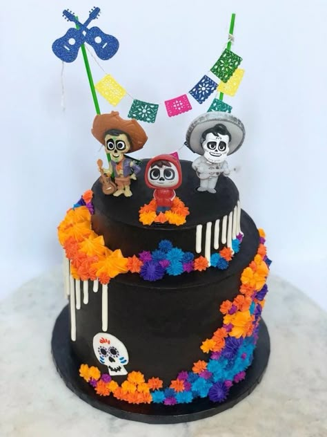 Coco themed cake Coco Theme Dessert Table, Coco Bday Party Ideas, Coco Themed First Birthday Party, Coco Smash Cake, Coco Second Birthday Party, Disney Coco Birthday Cake, Coco Movie Birthday Party, Coco Quinceanera Theme, Coco Disney Cake