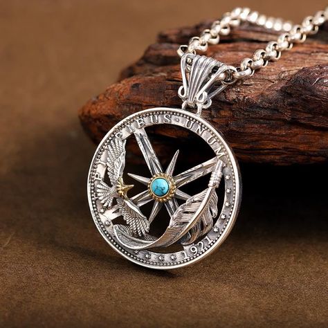 Compass Pendant Necklace, Bicycle Jewelry, Vintage Compass, Eagle Coin, Compass Pendant, Pendant Necklace Silver, Compass Necklace, Coin Pendant Necklace, Silver Feather