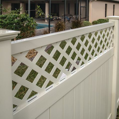 Our Freeport vinyl fence panels add privacy while decorative lattice enhances the top of the panel, providing a perfect balance of style and seclusion. Installation is easy with coordinating pre-routed posts, no hardware required. Freedom Freeport 6-ft H x 6-ft W White Vinyl Fence Panel | 73014375 Vinyl Fence Decorating Ideas, Vinyl Fence Ideas, Fence With Lattice Top, Privacy Fence Landscaping, White Vinyl Fence, Vinyl Fence Panels, Vinyl Fencing, Vinyl Panels, White Fence