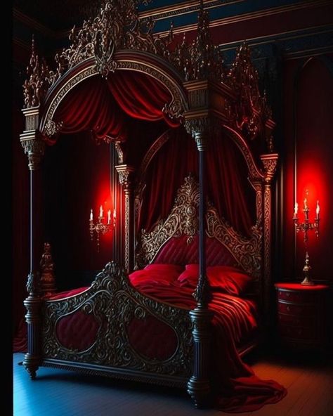 Red Gothic Bedroom, Fantasy Bedroom Medieval, Old Mansions Interior, Victorian Gothic Home Decor, Red Bedroom Design, Gothic Decor Bedroom, Castle Bedroom, Weird Furniture, Royal Bedroom