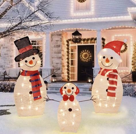 Outdoor Lighted Snowman, Snowman Outdoor Decorations, Light Up Snowman, Battery Operated Christmas Lights, Outdoor Snowman, Lighted Snowman, Snowman Family, Christmas Yard Decorations, Yard Decorations