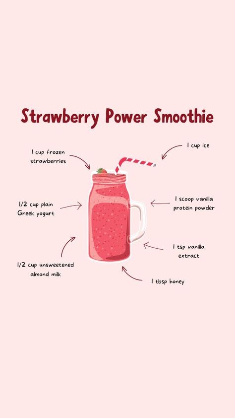 strawberry power smoothie Healthy Drinks For Breakfast, Smoothie Recipes For Picky Eaters, How To Make Strawberry Smoothie, Healthy Strawberry Refresher, How To Make A Strawberry Smoothie, Strawberry Smoothie No Banana, Smoothie Recipes With Strawberries, Yummy Breakfast Ideas Healthy, Strawberry Smoothie Recipe Healthy