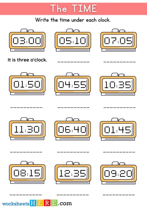 Telling The Time, Write the Time Under Each Clock PDF Worksheet For Kids - WorksheetsHere.com Clock Time Worksheet, What Time Is It Worksheet For Kids, What Time Is It Worksheet, Telling The Time Worksheets, Clock Worksheets, Telling Time Worksheets, Math Sheets, Worksheet For Kids, What Time Is It