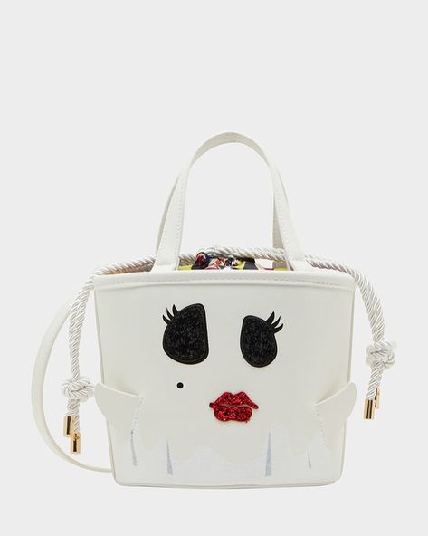 Betsey Johnson Kitsch Gimmie Candy Ghost Bucket Bag White And black website in bio #bestyjohnson #collectivevoice #bag #baglover #holloween Ghost Girl, Candy Bucket, Ghost White, Halloween Candy Bags, White Halloween, Bucket Handbags, Buy List, Ghost Face, Halloween Parties