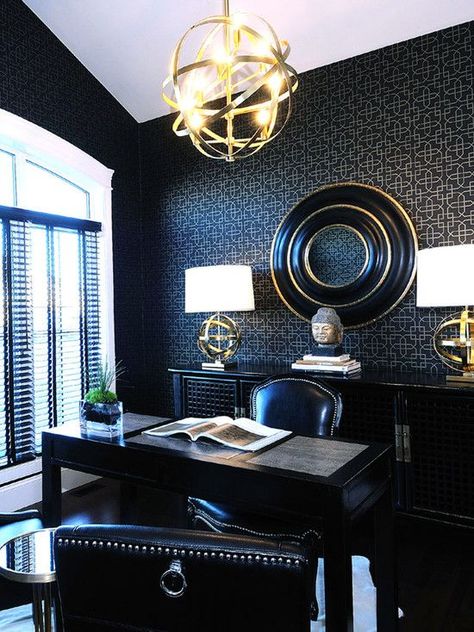 Modern Home Office Design With Cool Wallpaper: Masculine Home Offices, Masculine Interior Design, Masculine Home Office, Black Home Office, Feminine Office, Interior Kantor, Masculine Interior, Office Wallpaper, Contemporary Home Office