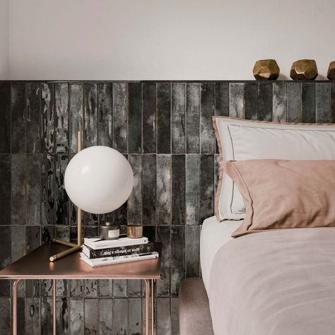 Bedroom Wall Tiles Ideas, Headboard Tiles, Tiles Bedroom, Tile Bedroom, Modern Remodel, Mediterranean Interior, Artistic Tile, Luxury Tile, Bedroom Headboard