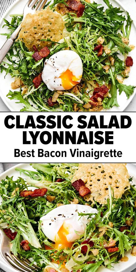 Salad lyonnaise recipe with bacon vinaigrette. Lyonaisse Salad, Bacon Egg Salad Recipe, Salad Lyonnaise, Lyonnaise Salad, Warm Bacon Vinaigrette, Bacon Egg Salad, French Salad, Bacon Vinaigrette, Best Salads